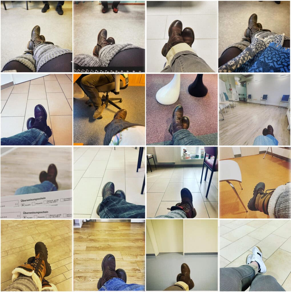 Collage mit 16 Fotos, auf denen meine F&uuml;&szlig;e vor verschiedenen Wartezimmerfu&szlig;b&ouml;den zu sehen sind.